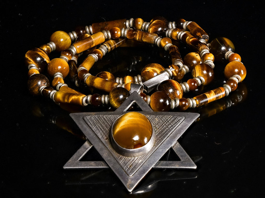 Necklace of  Large Tiger Eye and Vintage Filigree Sterling Silver Star of David with Tiger Eye stone TGE1