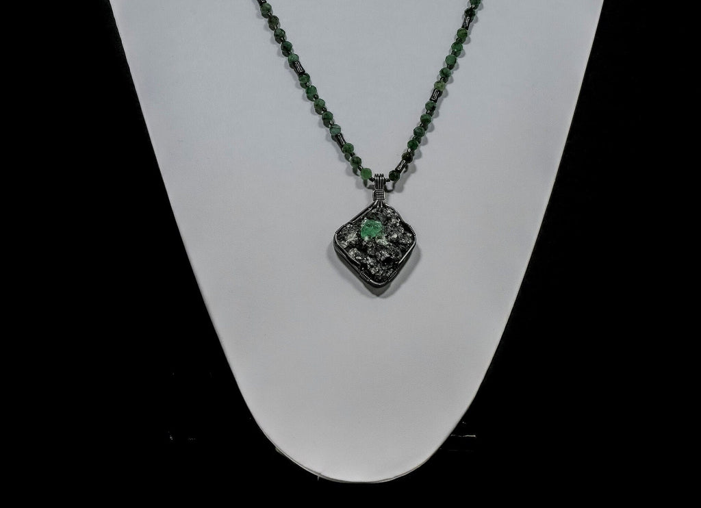 Emerald and Sterling Silver Necklace with A Rough Emerald in Matrix  Pendant EM001