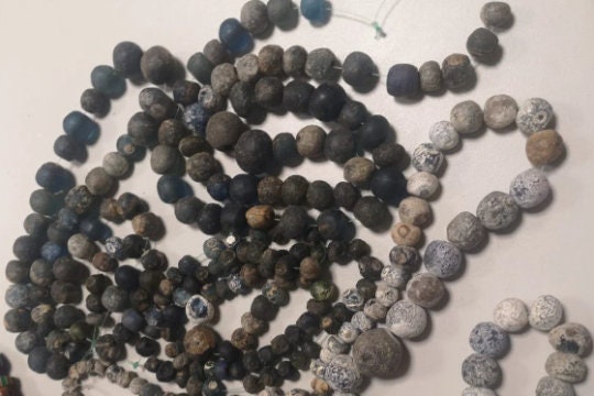 Ancient Islamic Period  Blue Glass Beads Necklace with Ancient Nila Beads and Sterling Silver VBP320