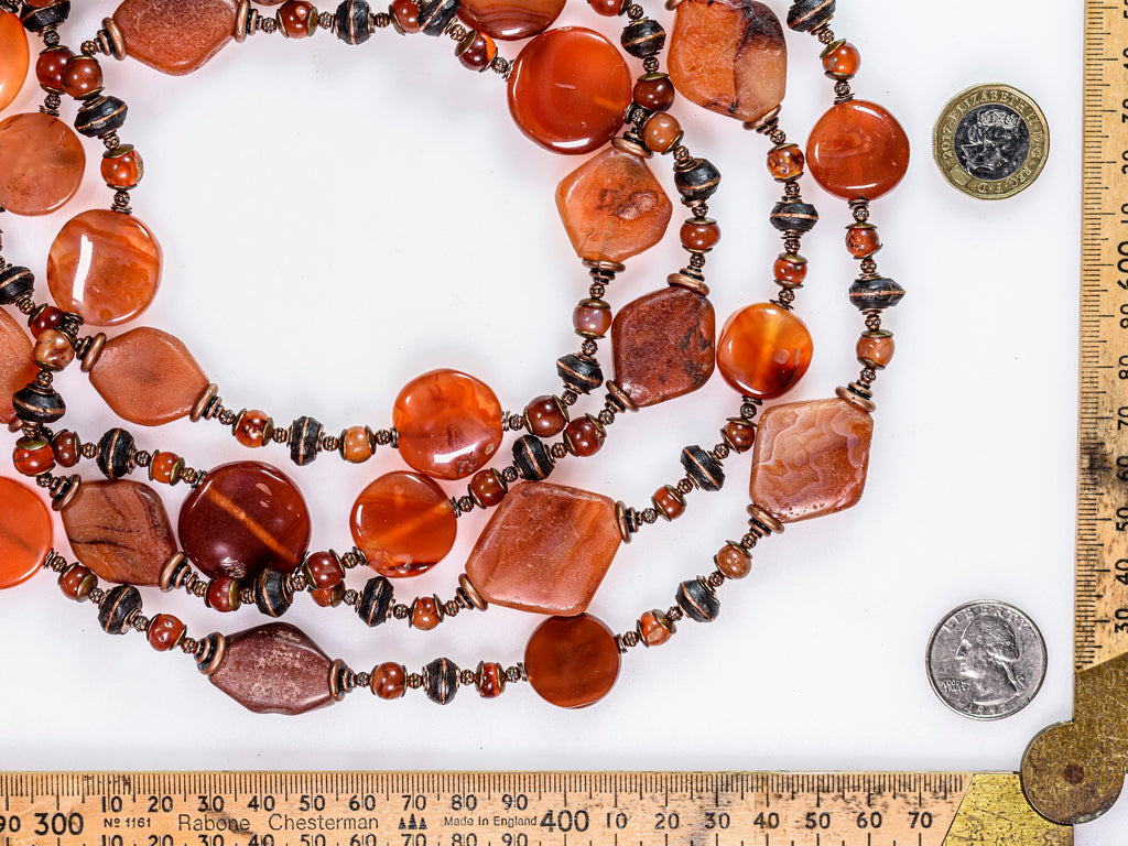 A Long Necklace of Old Carnelian and Vintage Copper-Incrusted Ebony Wood Beads XX125