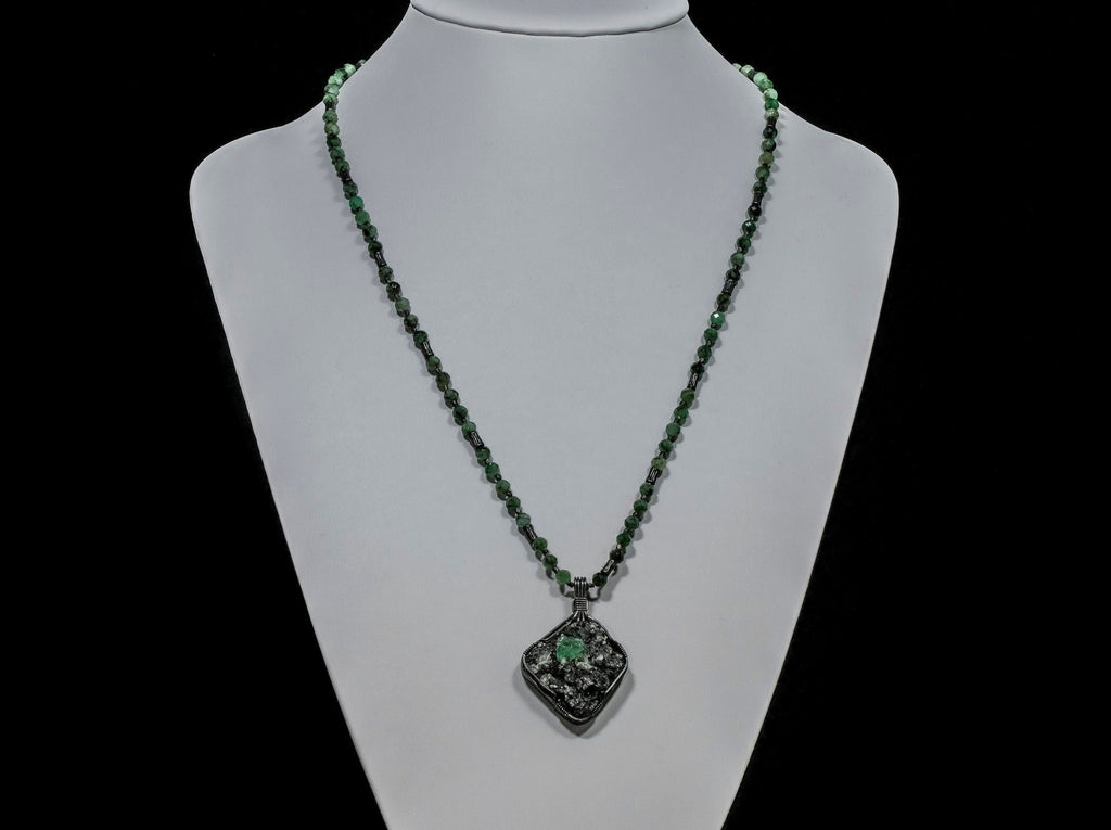 Emerald and Sterling Silver Necklace with A Rough Emerald in Matrix  Pendant EM001
