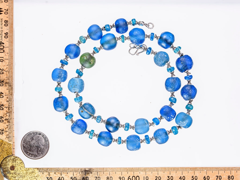 Ancient Islamic Period  Blue Glass Beads Necklace with Ancient Nila Beads and Sterling Silver VBP320