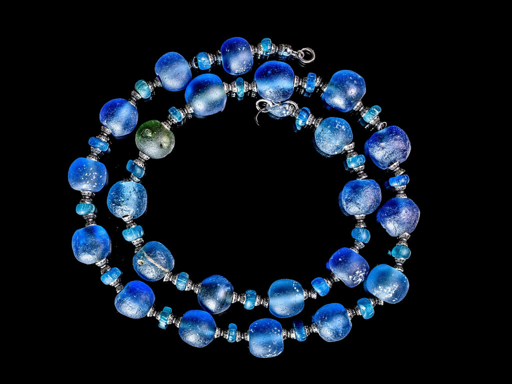 Ancient Islamic Period  Blue Glass Beads Necklace with Ancient Nila Beads and Sterling Silver VBP320