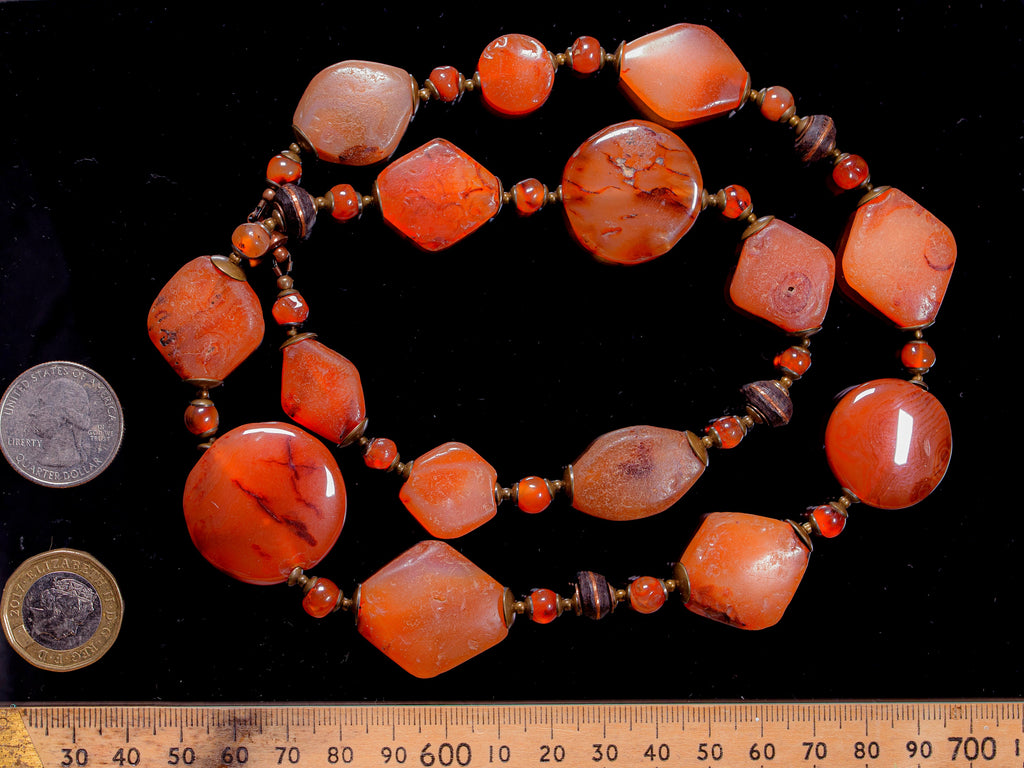 A Necklace of Old Carnelian and Vintage Copper-Incrusted Ebony Wood Beads CRN_S1