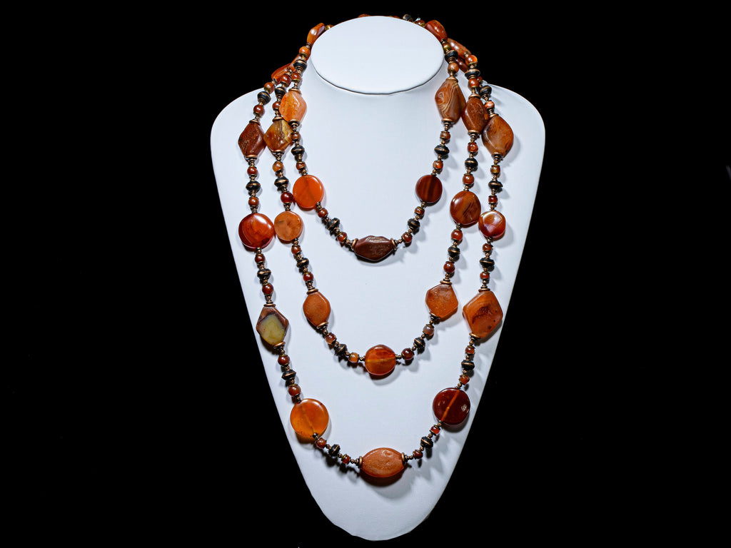 A Long Necklace of Old Carnelian and Vintage Copper-Incrusted Ebony Wood Beads XX125