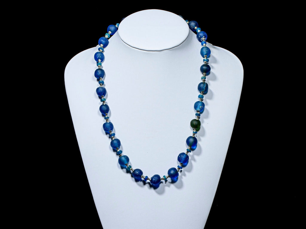 Ancient Islamic Period  Blue Glass Beads Necklace with Ancient Nila Beads and Sterling Silver VBP320